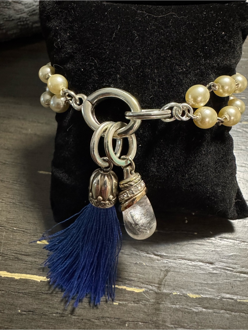 Brighton Pearl Beaded Charm Bracelet with Blue Tassel